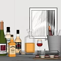 Elegant Assorted Wine Whiskey Bottles and Glasses with Decanter Ice Bucket Macarons and Abstract Art