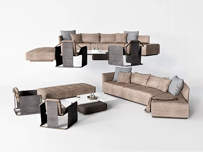 Modern Sofa Coffee Table Set With Neutral Fabric Upholstery And Accent Cushions 3d model