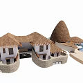 Tropical Thatched Roof House with Pool Terrace and Circular Water Features