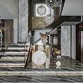Luxurious Modern Interior With Marble Staircase Glass Railing Chandeliers Leather Sofa And Round Decor