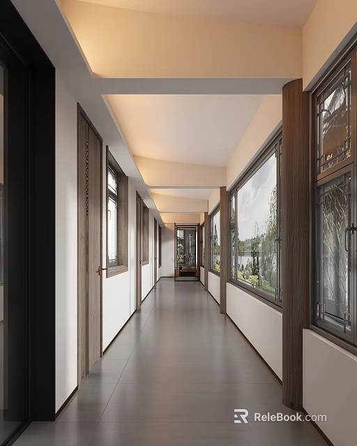 Elevator Corridor Modern Design With Wooden Frames Large Windows Natural Light And Gray Floor Tiles 3d model 