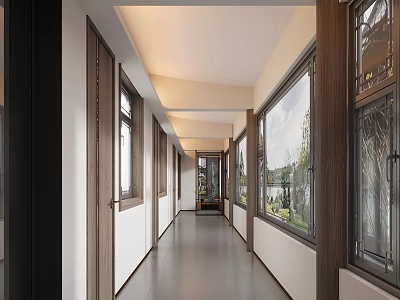 Elevator Corridor Modern Design With Wooden Frames Large Windows Natural Light And Gray Floor Tiles 3d model