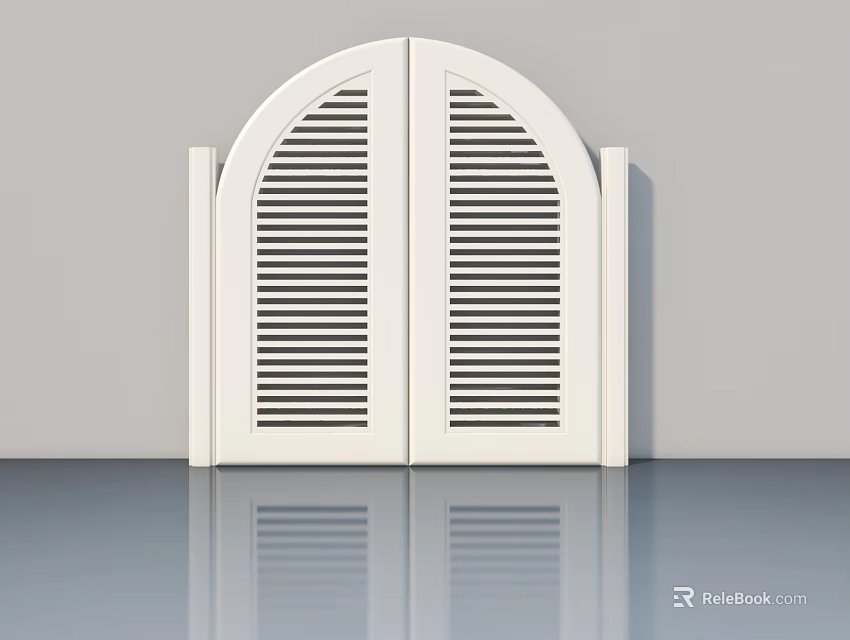 White Arched Top Swing Door With Louvered Design In Minimalist Background 3d model 