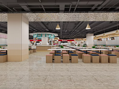 Spacious Restaurant Dining Area With Long Tables Stools Pendant Lights And Light Tile Flooring 3d model