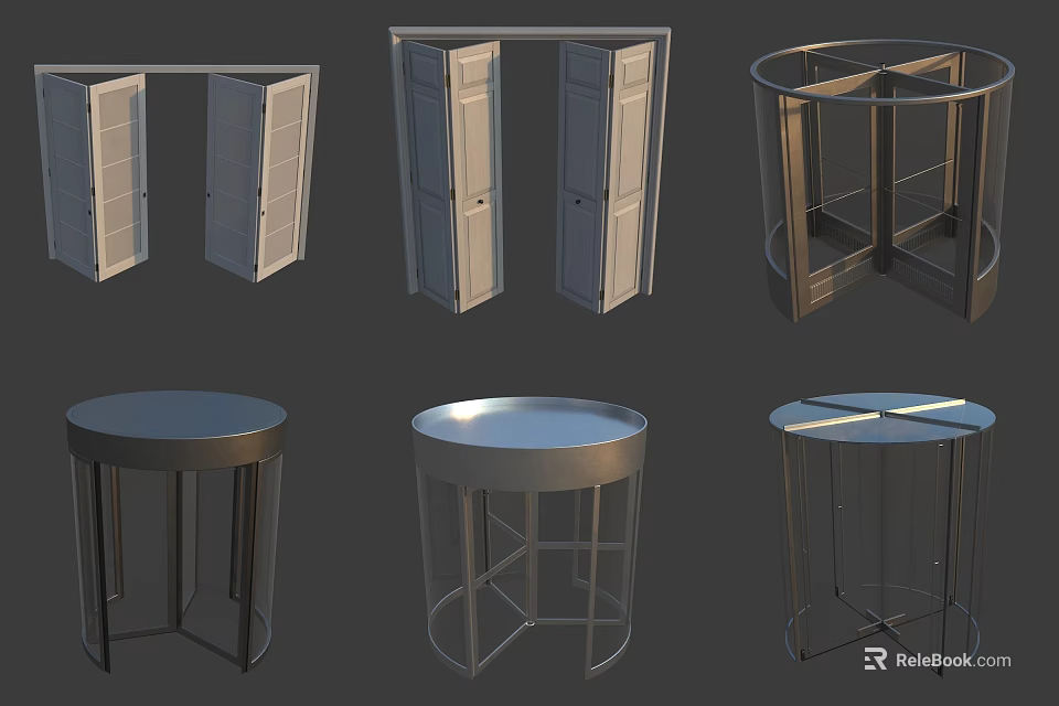 Modern Folding Doors With Metal Frame Design And Round Tables For Interior 3d model