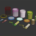Industrial Equipment Including Various Colorful Buckets Lids Paint Rollers and Tools