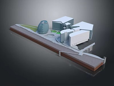 Cartoon Scene of Modern Buildings with Round Structure White Roofs Green Grass and Gray Ground 3d model