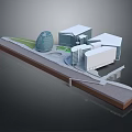 Cartoon Scene of Modern Buildings with Round Structure White Roofs Green Grass and Gray Ground