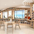 Modern Bright Open Lounge With Wooden Tables Chairs And Bookshelves In Spacious Interior