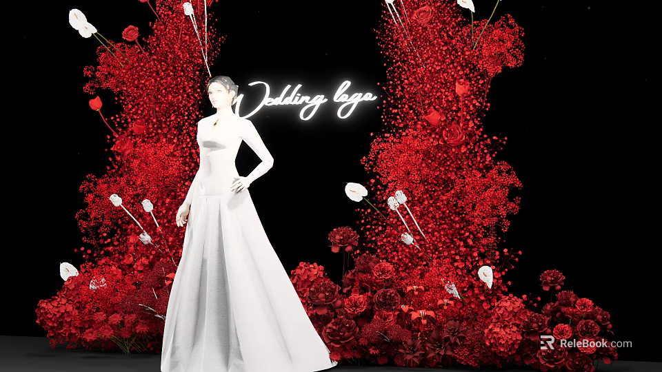 Stunning Floral Installation With Red Flower Backdrop White Flower Accents And White Gown Mannequin 3d model 
