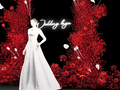 Stunning Floral Installation With Red Flower Backdrop White Flower Accents And White Gown Mannequin 3d model