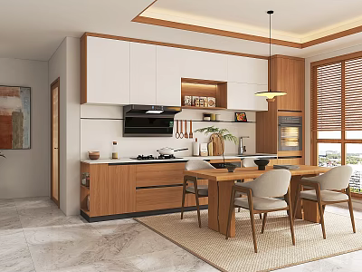 Modern Kitchen With White And Wooden Cabinets Hanging Lamp Marble Tile Floor And Dining Table 3d model