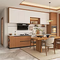 Modern Kitchen With White And Wooden Cabinets Hanging Lamp Marble Tile Floor And Dining Table