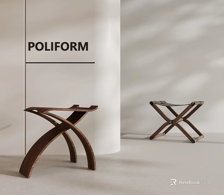 Modern Minimalist Wooden Stools With Crossed Legs In POLIFORM Interior Space 3d model 