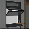Black Open Window With Small Round Table Below Holding Paper Cup And Wooden Door Nearby