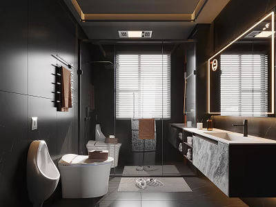 Modern Bathroom Interior With Black Walls White Toilet Urinal Shower Area And Marble Countertop 3d model