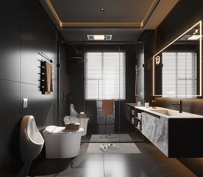 Modern Bathroom Interior With Black Walls White Toilet Urinal Shower Area And Marble Countertop 3d model