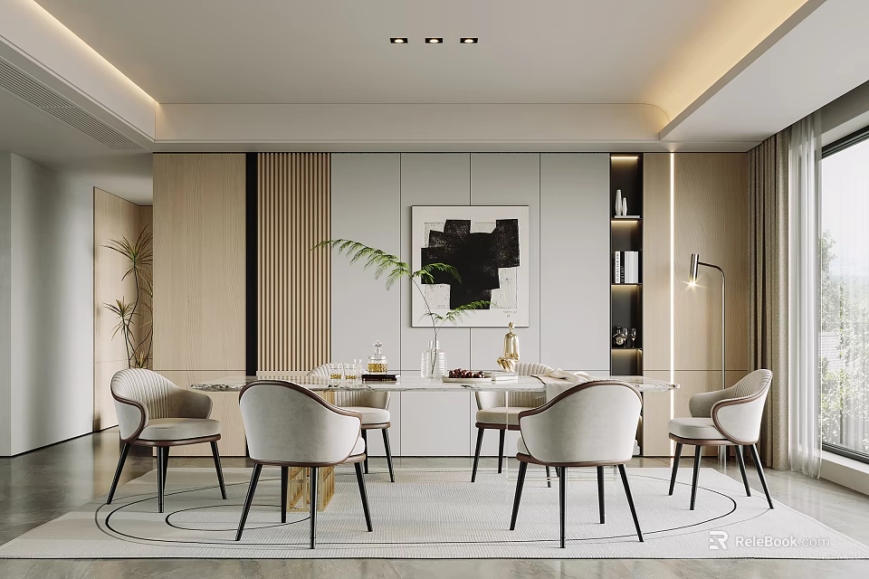 Elegant Modern Restaurant Interior With Dining Table Chairs Decorative Artwork And Plant 3d model 