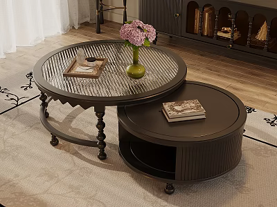 Round Glass Top Nesting Coffee Tables With Pink Flowers And Books On Wooden Floor 3d model