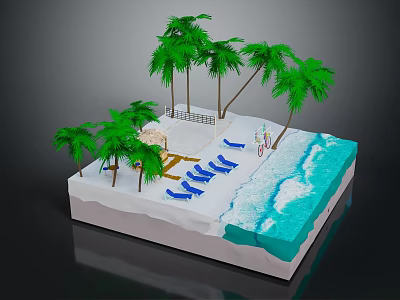 Tropical Beach Terrain With Sandy Shore Palm Trees And Deck Chairs 3d model
