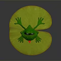 Cartoon Style Green Frog With Big Eyes Sitting On Yellow Lily Pads