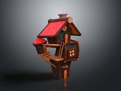 Unique Architectural Model With Red Roof Wooden Structure Staircase Balcony And Chimney 3d model