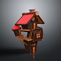 Unique Architectural Model With Red Roof Wooden Structure Staircase Balcony And Chimney