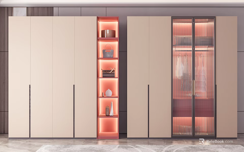 Modern Wardrobe Design With Beige Cabinets Illuminated Open Shelves And Glass Doors 3d model 
