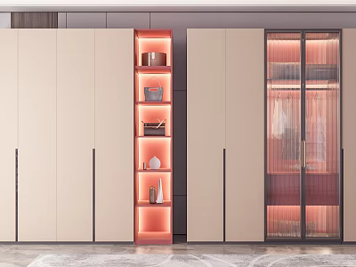Modern Wardrobe Design With Beige Cabinets Illuminated Open Shelves And Glass Doors 3d model