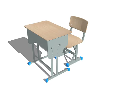 Student Desk With Wooden Top Gray Frame Drawer And Matching Chair Blue Wheels 3d model