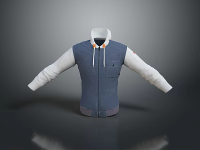 Spliced Blue Jacket With Gray Sleeves White Collar Orange Drawstrings Front Pocket And Zip Closure 3d model