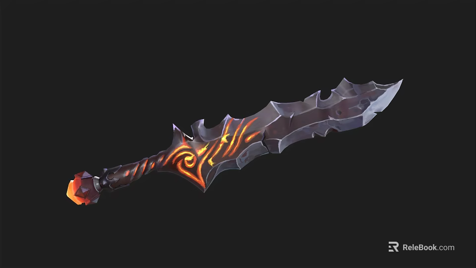Fantasy Sword With Red Gem Handle And Orange Flame Patterns Sharp Blade Design 3d model 