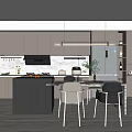 Modern Restaurant Kitchen With Open Design Gray Cabinets Marble Island And Hanging Lights
