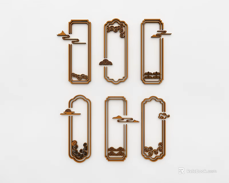 Traditional Wall Decor with Golden Metal Frames Cloud Patterns and Bird Ornaments 3d model