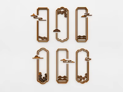 Traditional Wall Decor with Golden Metal Frames Cloud Patterns and Bird Ornaments 3d model