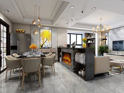 Elegant Modern Dining Living Room Interior With Dining Table Sofa Chandeliers Fireplace And Marble Floor 3d model