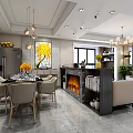 Elegant Modern Dining Living Room Interior With Dining Table Sofa Chandeliers Fireplace And Marble Floor