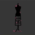 Black Mannequin Decorated With Pink Petals Standing In Dark Background