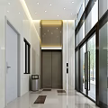 Modern Elevator Lobby With Marble Walls Glass Doors And Ceiling Light Strips 3d model