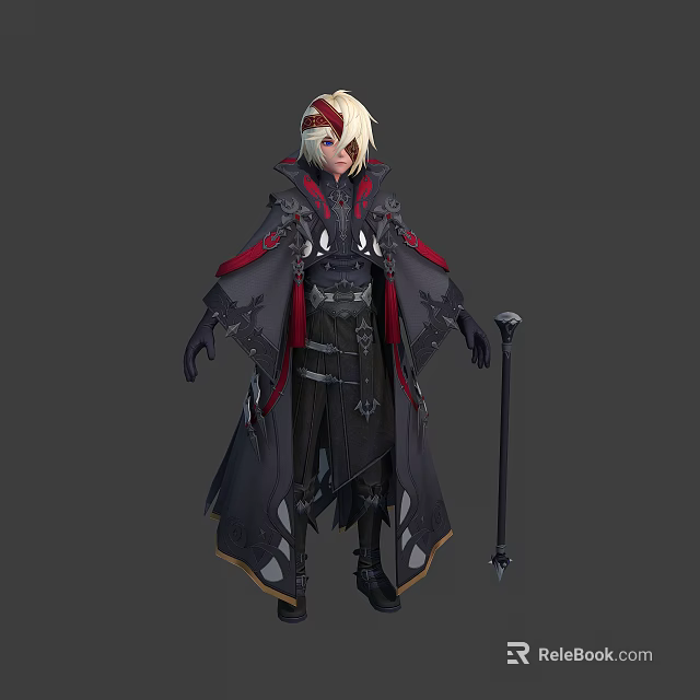 Elaborate Fantasy Character In Black Robe With Red Accents Blonde Hair And Staff 3d model 