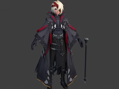 Elaborate Fantasy Character In Black Robe With Red Accents Blonde Hair And Staff 3d model
