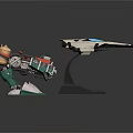 Robot Character With Mechanical Dinosaur Model And Weapon Attachment On Black Stand