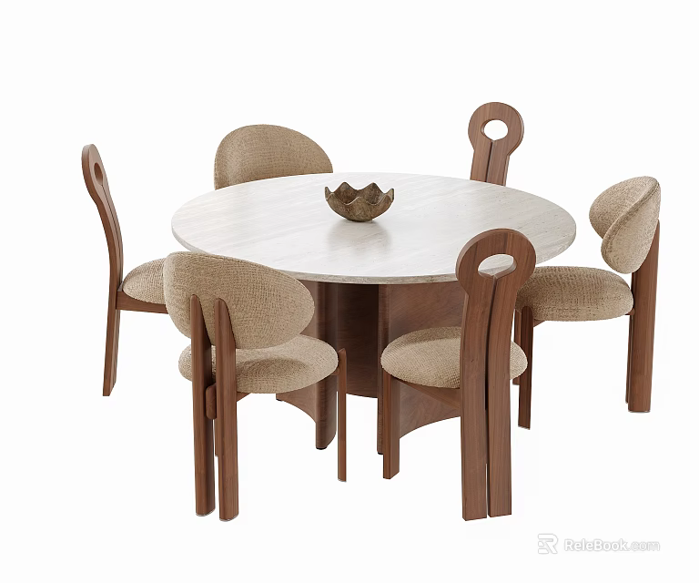 Stylish Mid Century Round Marble Dining Table Set With Six Upholstered Wooden Dining Chairs 3d model 