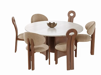 Stylish Mid Century Round Marble Dining Table Set With Six Upholstered Wooden Dining Chairs 3d model
