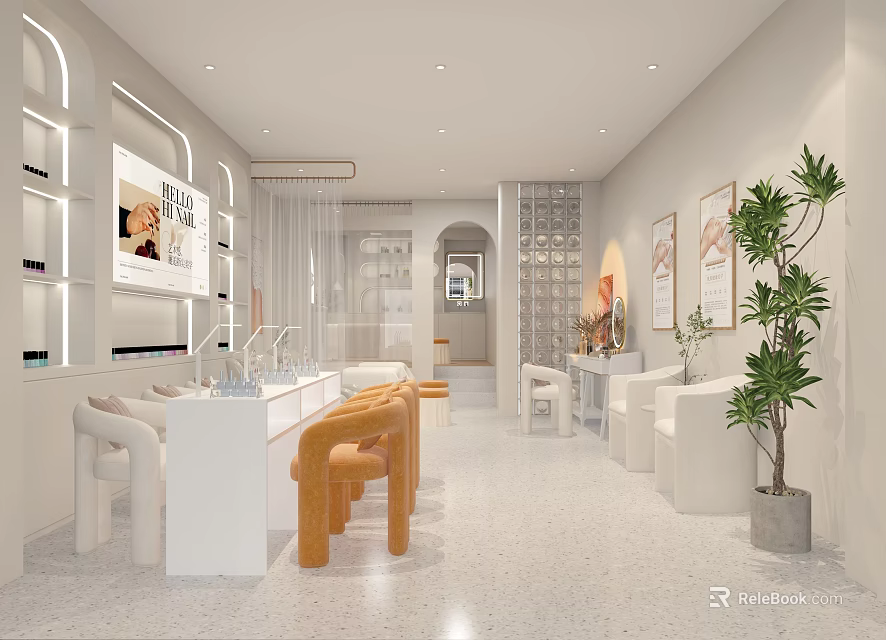 Beauty Salon Interior Design With White Counters Orange Chairs Shelves And Plants 3d model 