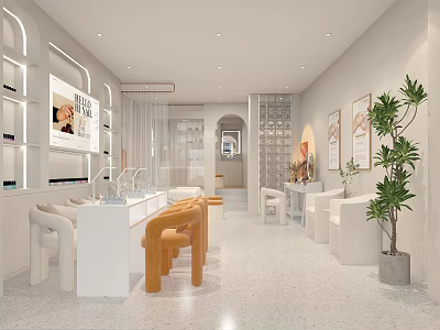 Beauty Salon Interior Design With White Counters Orange Chairs Shelves And Plants 3d model