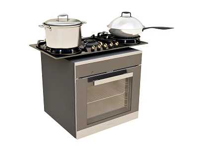 Modern Stainless Steel Kitchen Appliance with Gas Stove Oven Pots Wok and Glass Door 3d model