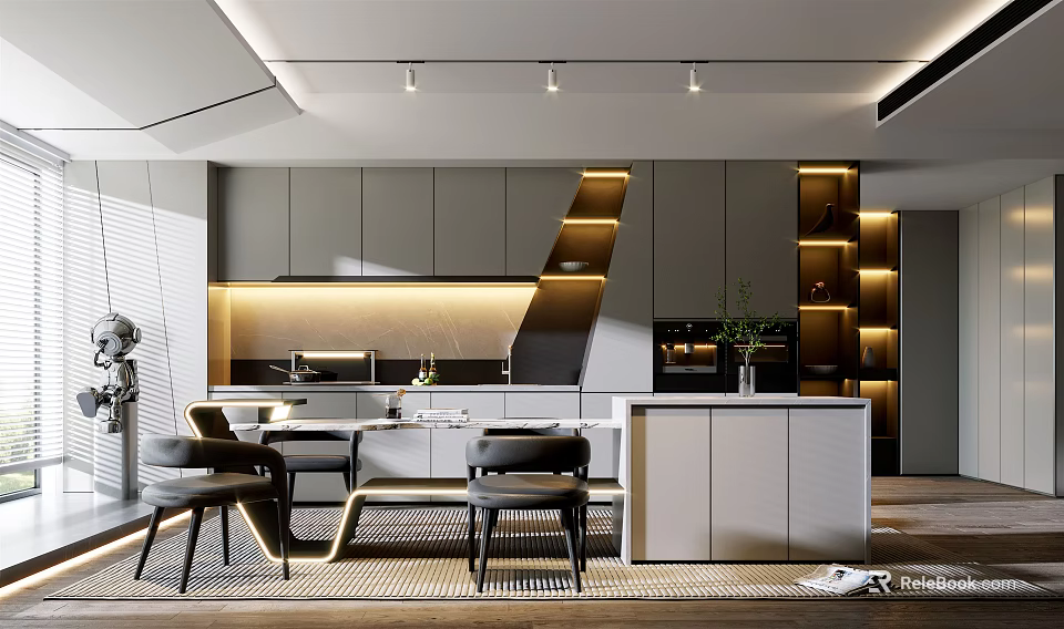 Modern Open Concept Restaurant Kitchen Interior With Marble Countertop Gray Cabinets And Light Strips 3d model 