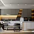 Modern Open Concept Restaurant Kitchen Interior With Marble Countertop Gray Cabinets And Light Strips
