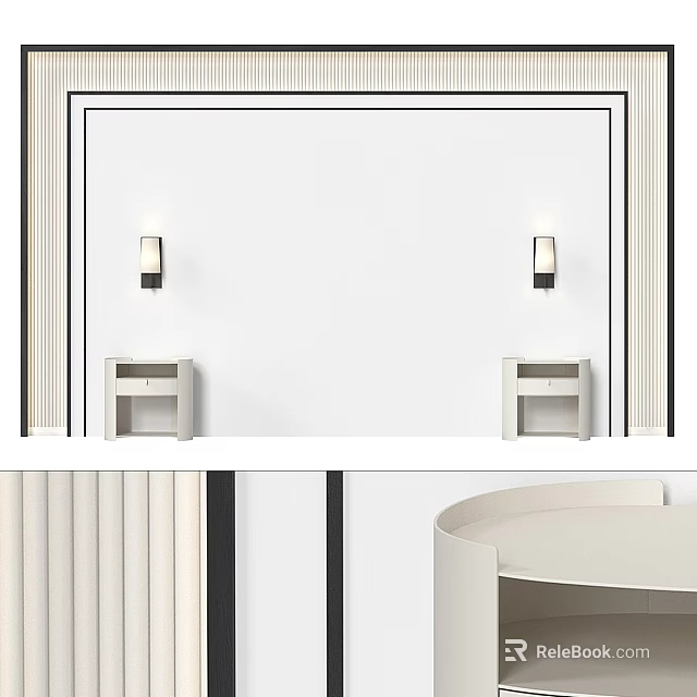Minimalist Bed Background Wall Design With Wall Sconces Bedside Tables And Decorative Trim 3d model